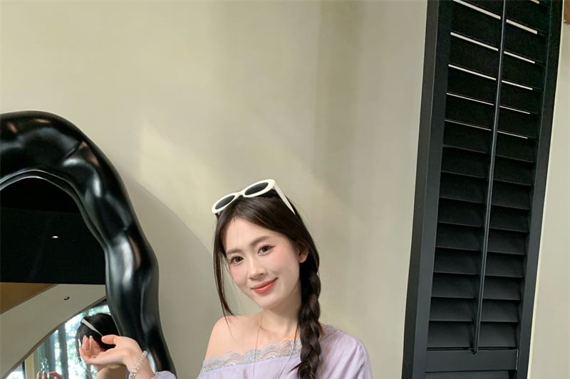 Lace One Panel Shoulder Plain Sleeve Blouse Trim Long