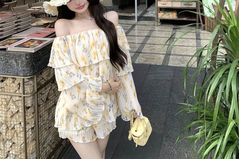 Shoulder Long / Waist Off Print Ruffle Blouse Floral Shorts High Sleeve
