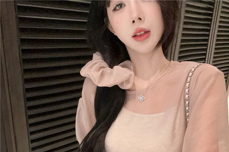 Cami Sleeve Crew Sheer Set: Long + Plain Top Blouse Neck