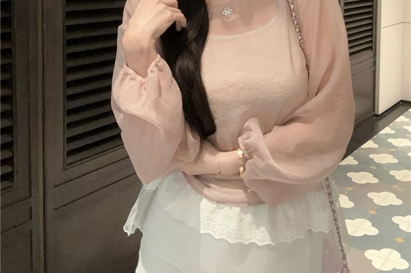 Cami Sleeve Crew Sheer Set: Long + Plain Top Blouse Neck