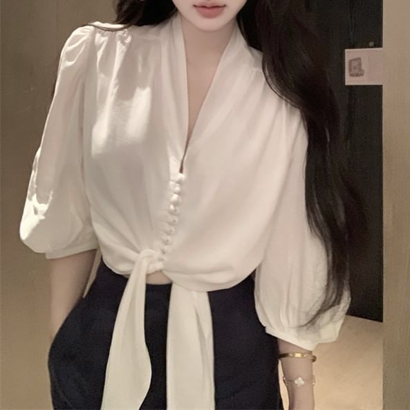 Front Blouse Sleeve V-Neck Plain Tie Elbow