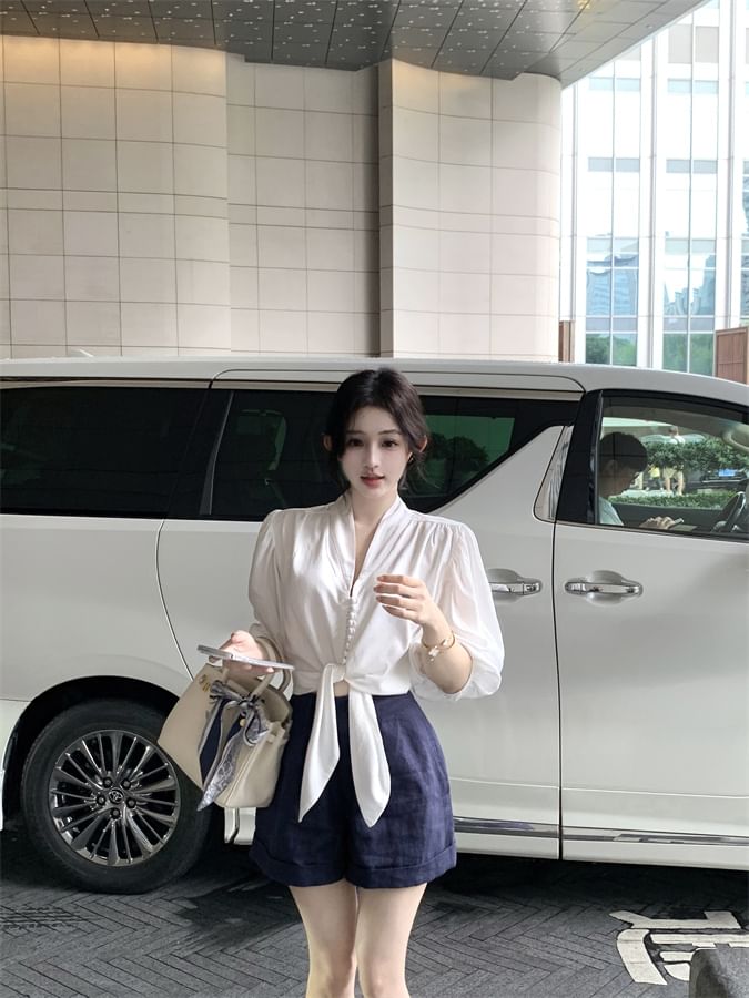 Front Blouse Sleeve V-Neck Plain Tie Elbow