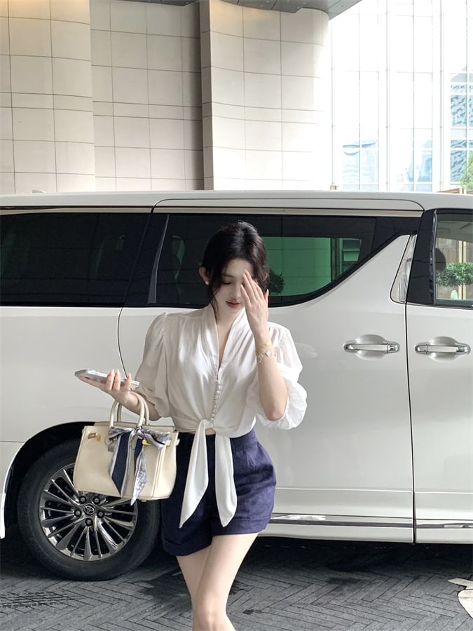 Front Blouse Sleeve V-Neck Plain Tie Elbow