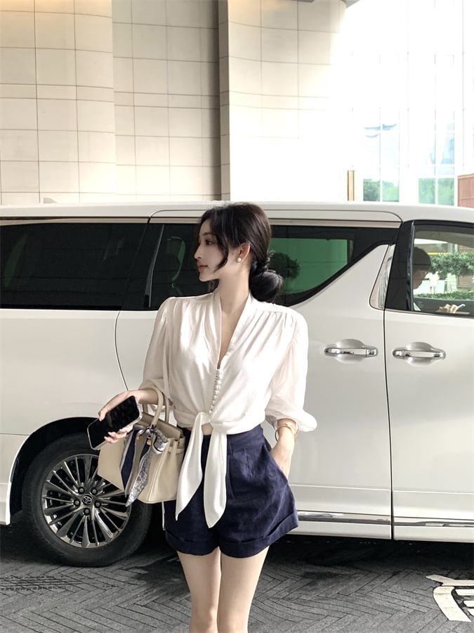 Front Blouse Sleeve V-Neck Plain Tie Elbow
