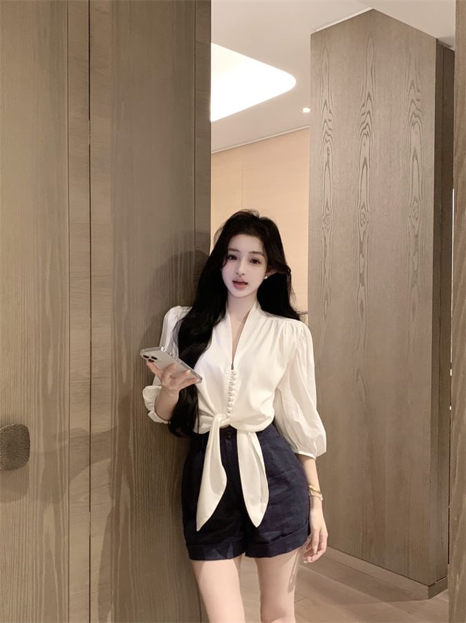 Front Blouse Sleeve V-Neck Plain Tie Elbow