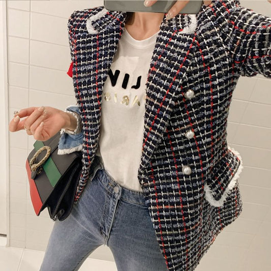 Lapel Collar Plaid Tweed Double Blazer