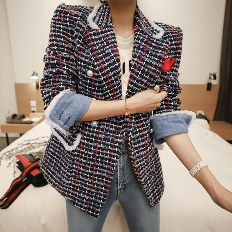Lapel Collar Plaid Tweed Double Blazer