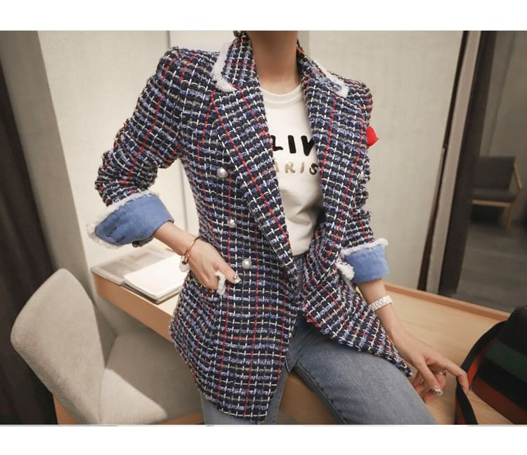 Lapel Collar Plaid Tweed Double Blazer