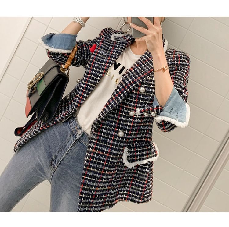 Lapel Collar Plaid Tweed Double Blazer