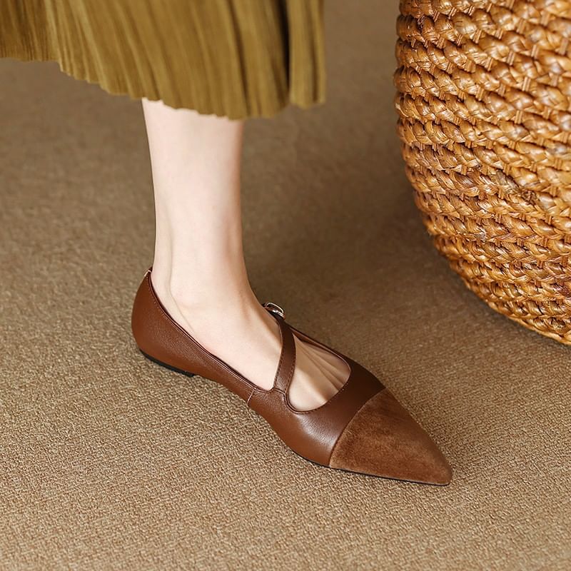 Pointed Leather Flats Faux