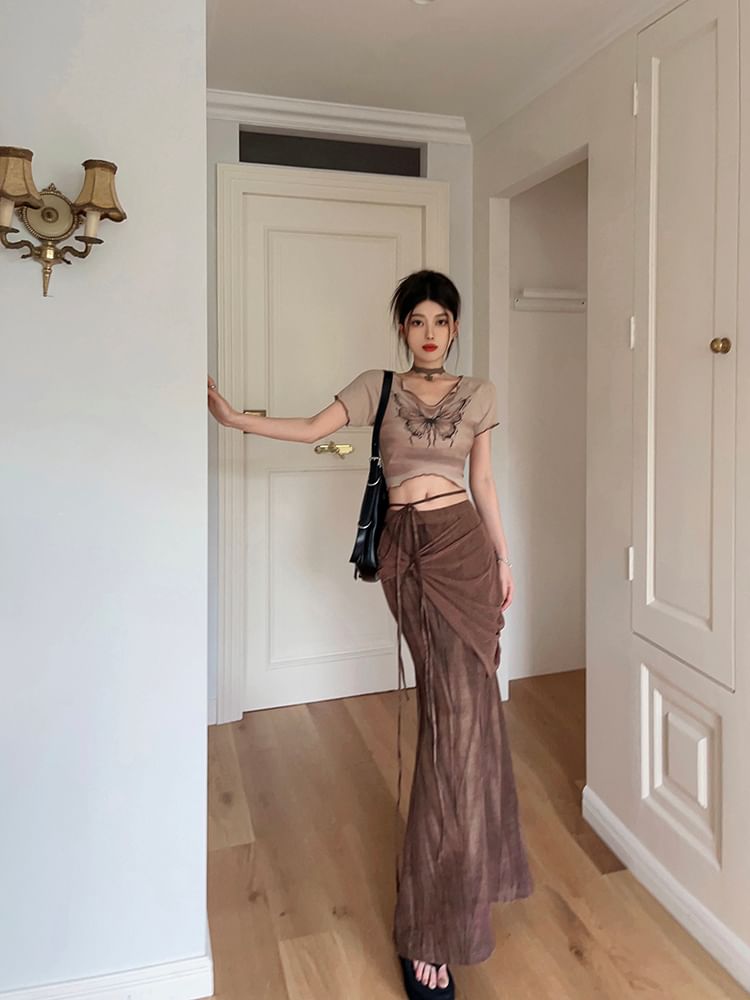 Tie-Up Maxi Short Print Mid Crop Tee Butterfly Skirt / Sleeve V-Neck Waist Pencil