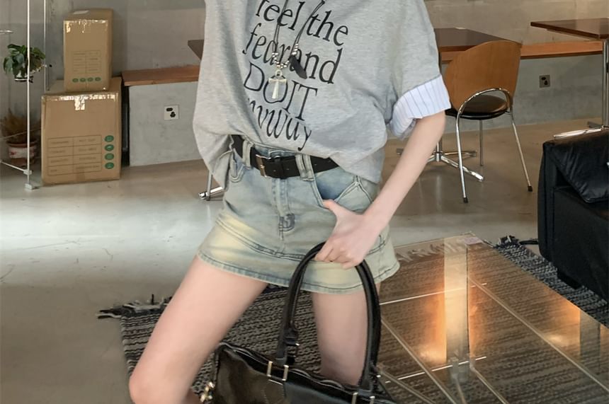 Sleeve Striped Short Print Round Neck Panel Lettering T-Shirt