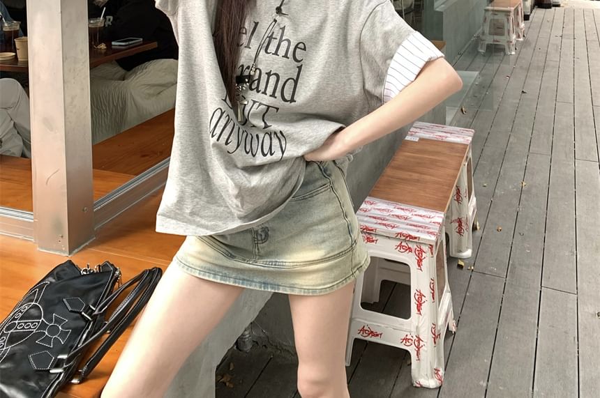 Sleeve Striped Short Print Round Neck Panel Lettering T-Shirt