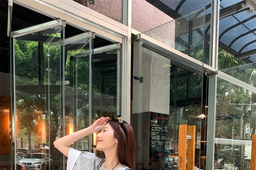 Sleeve Striped Short Print Round Neck Panel Lettering T-Shirt