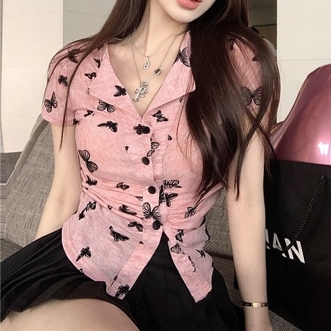 Sleeve Button Butterfly Short V-Neck Print Top