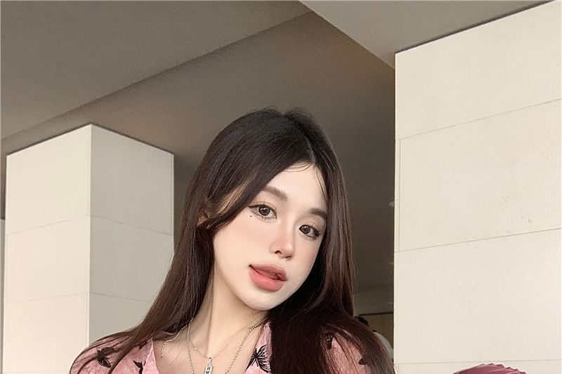 Sleeve Button Butterfly Short V-Neck Print Top