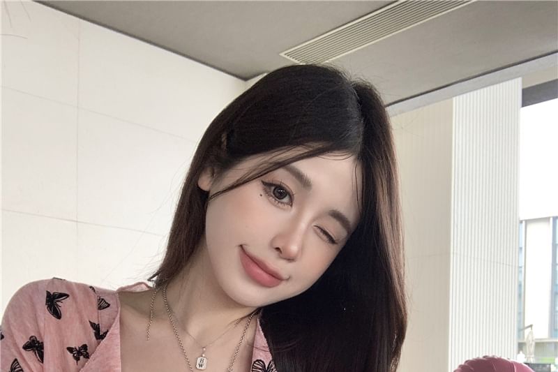 Sleeve Button Butterfly Short V-Neck Print Top