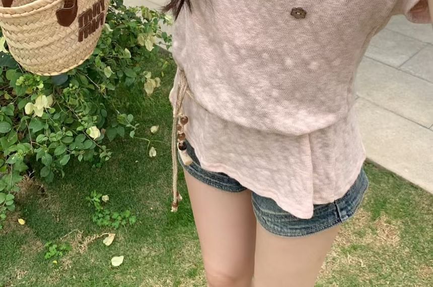 Sleeve + Shoulder Plain Belt Cold Top Set: Short Button Cord