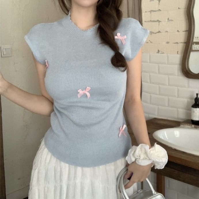 Neck Sleeve Crew Cap Bow Top Knit