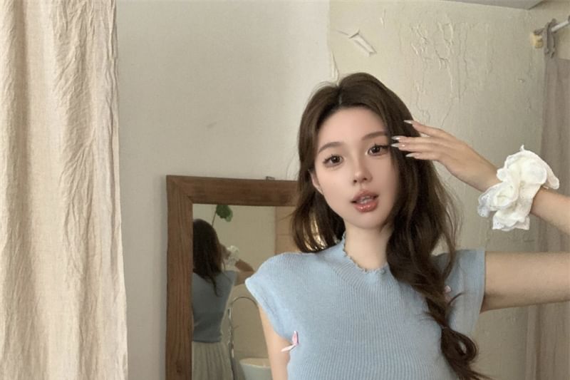 Neck Sleeve Crew Cap Bow Top Knit