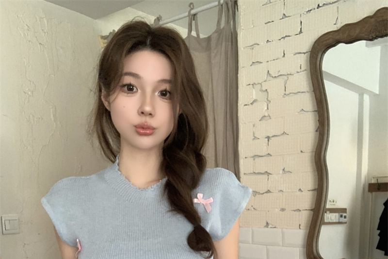 Neck Sleeve Crew Cap Bow Top Knit