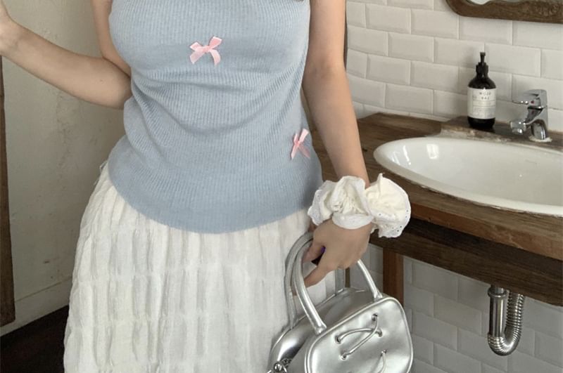 Neck Sleeve Crew Cap Bow Top Knit