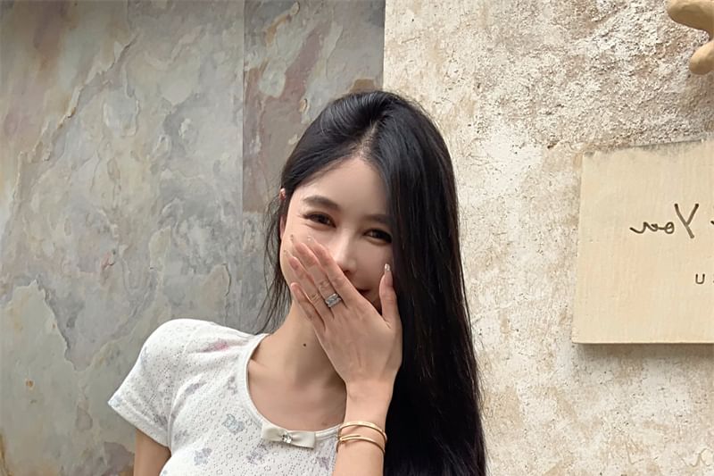 T-Shirt Pointelle Round Bow Neck Sleeve Short