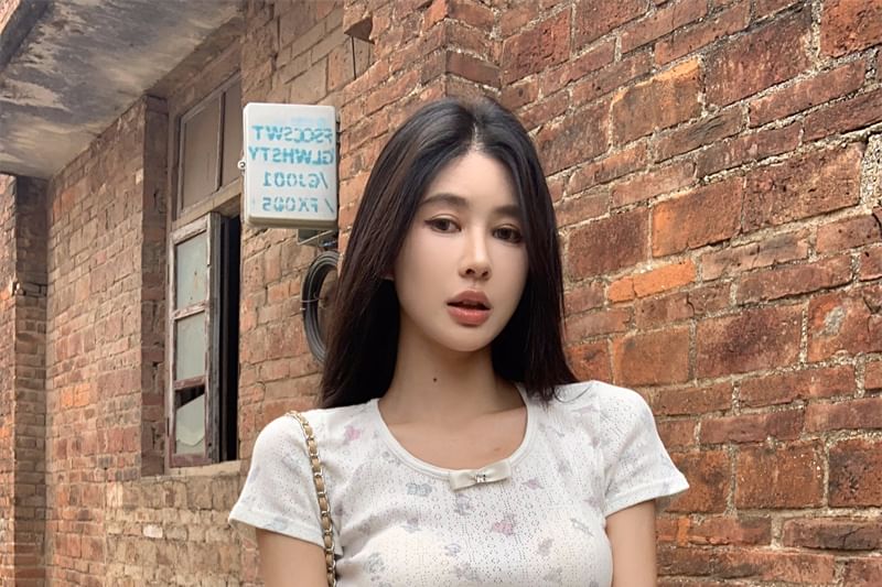 T-Shirt Pointelle Round Bow Neck Sleeve Short