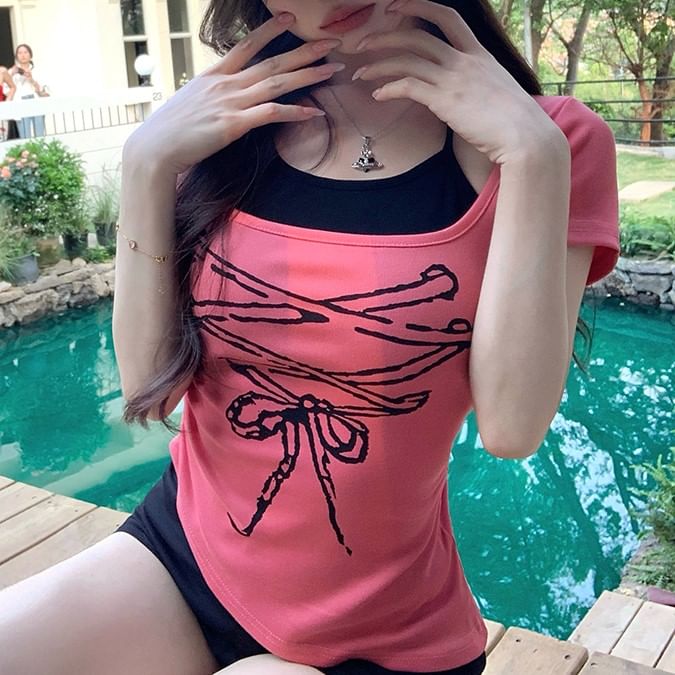 Sleeve Two Asymmetrical Mock Tee Piece Print Short Patterned