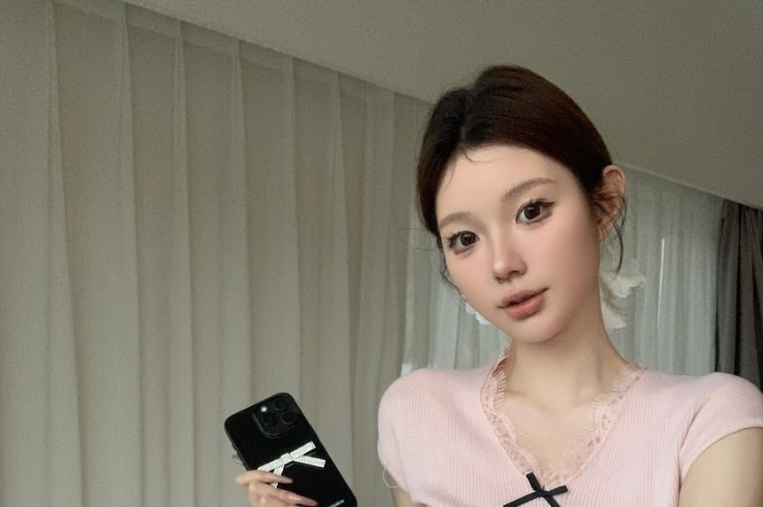 Lace Cap Plain Trim Top Bow Knit V-Neck Sleeve