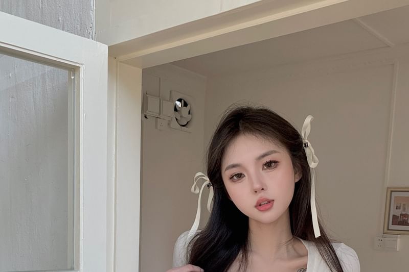 Short Top Plain Sleeve Ruched Mock Square Neck Two Piece