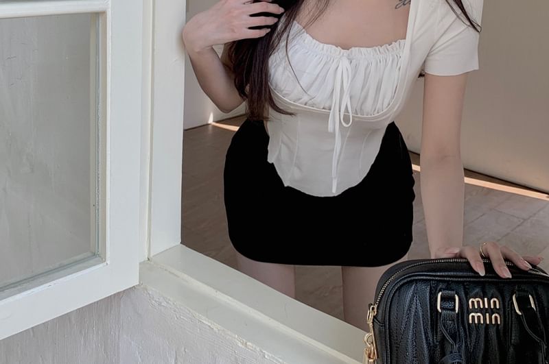 Short Top Plain Sleeve Ruched Mock Square Neck Two Piece