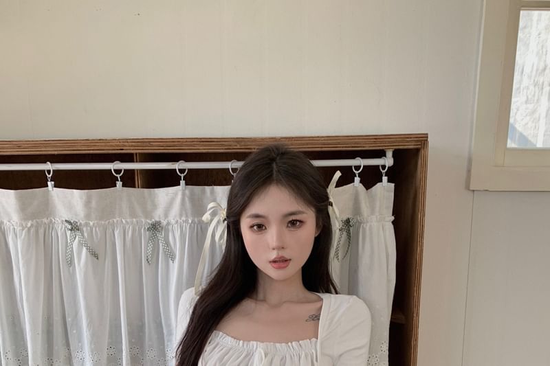 Short Top Plain Sleeve Ruched Mock Square Neck Two Piece