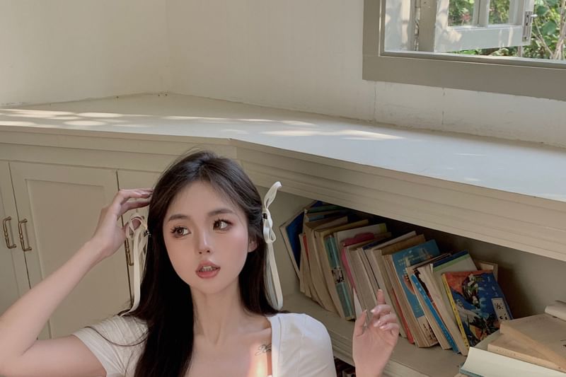 Short Top Plain Sleeve Ruched Mock Square Neck Two Piece