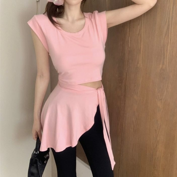 Piece Flared Pants Mock High Two Asymmetrical Cap Neck / Waist Plain Sleeve T-Shirt Crew