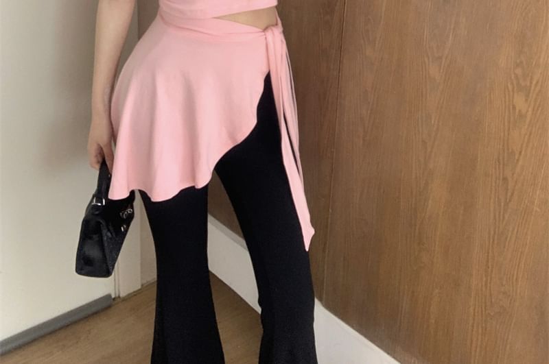 Piece Flared Pants Mock High Two Asymmetrical Cap Neck / Waist Plain Sleeve T-Shirt Crew