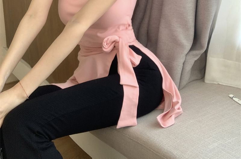 Piece Flared Pants Mock High Two Asymmetrical Cap Neck / Waist Plain Sleeve T-Shirt Crew