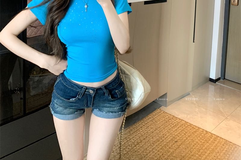 Round Plain T-Shirt Rhinestone Neck Sleeve Short