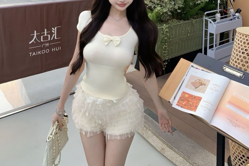 Tiered / Waist Bow Short Plain Tee Sleeve Neck Shorts Lace Scoop High