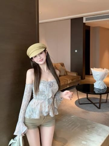 Off Floral Top Crop Shoulder Print Long-Sleeve