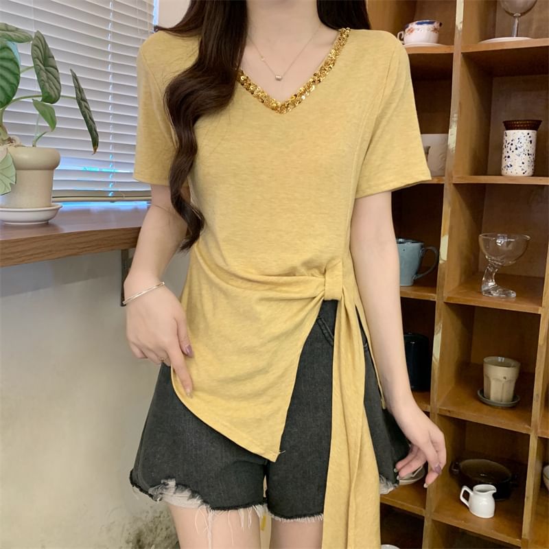 Lace V-Neck Asymmetrical Plain Trim Top Short-Sleeve