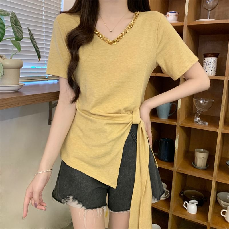 Lace V-Neck Asymmetrical Plain Trim Top Short-Sleeve