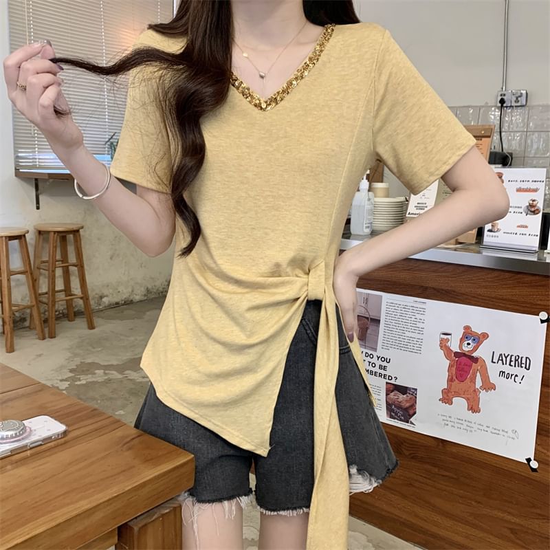 Lace V-Neck Asymmetrical Plain Trim Top Short-Sleeve