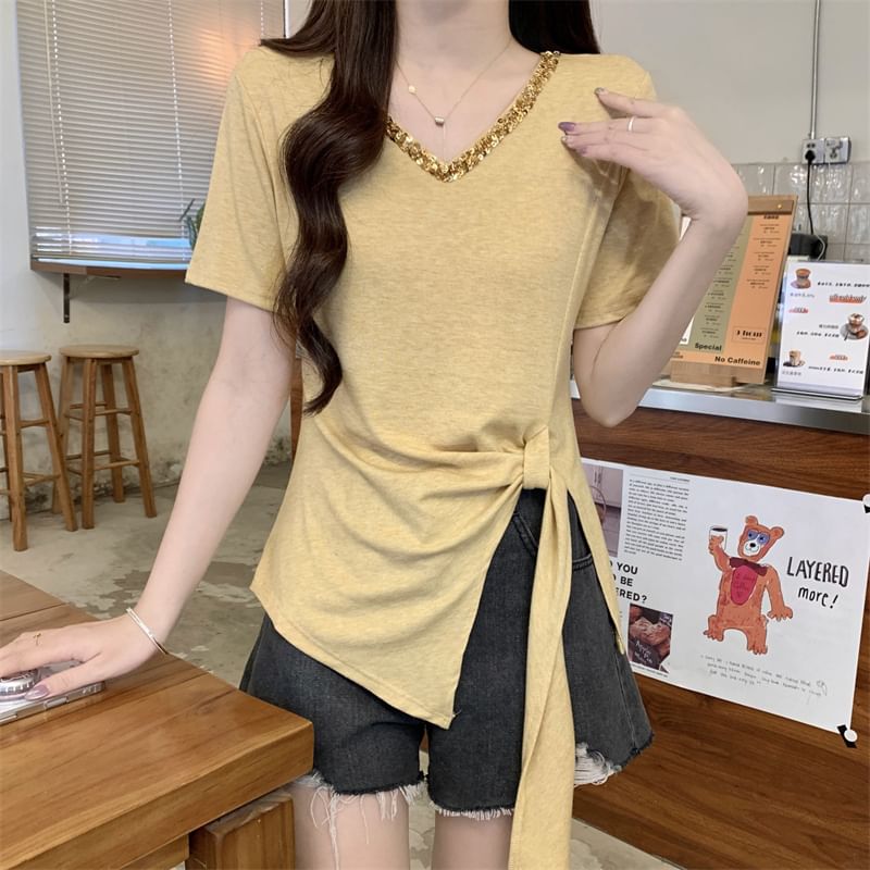 Lace V-Neck Asymmetrical Plain Trim Top Short-Sleeve