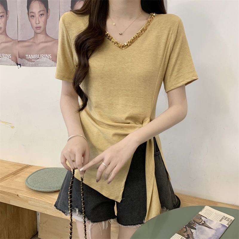 Lace V-Neck Asymmetrical Plain Trim Top Short-Sleeve