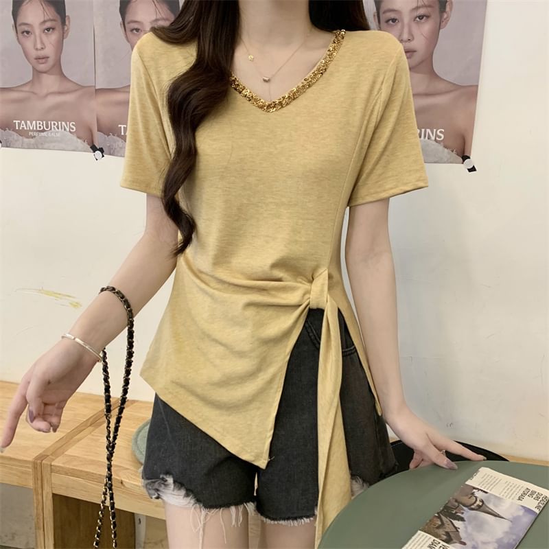 Lace V-Neck Asymmetrical Plain Trim Top Short-Sleeve