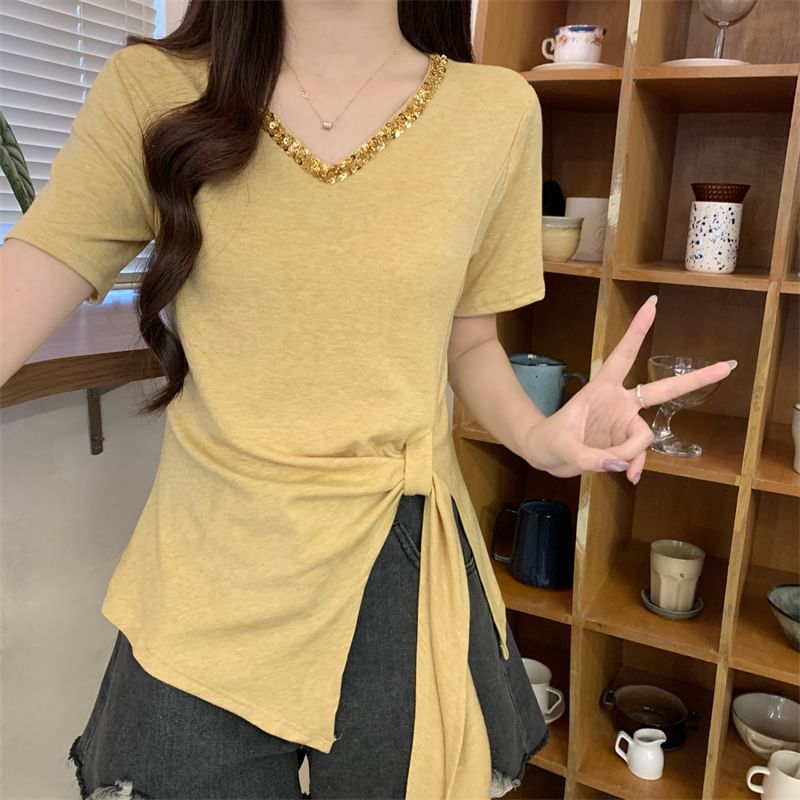 Lace V-Neck Asymmetrical Plain Trim Top Short-Sleeve