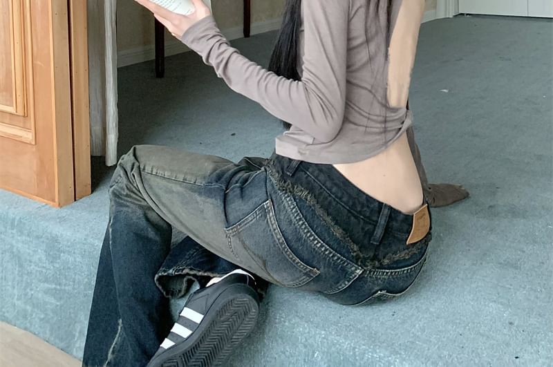 Long-Sleeve Shoulder Top Plain Off Crop