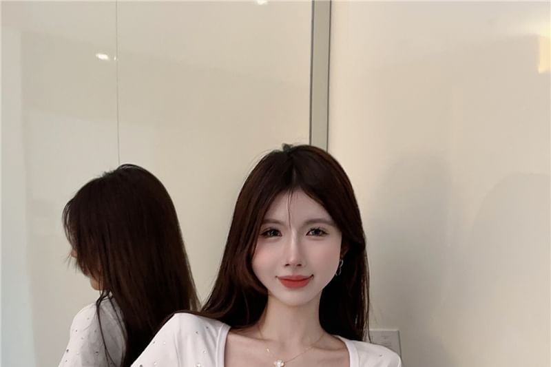 Square T-Shirt Rhinestone Crop Neck Short-Sleeve Plain