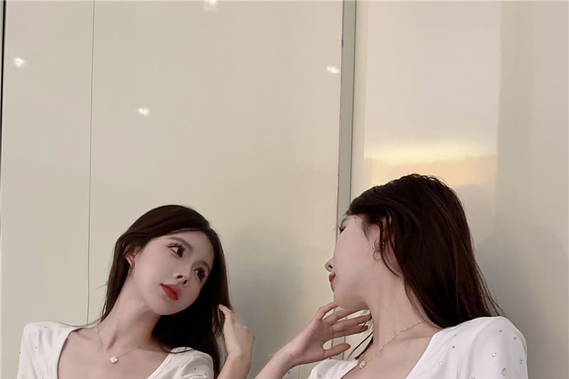 Square T-Shirt Rhinestone Crop Neck Short-Sleeve Plain